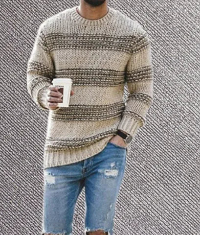 Casual Striped Knitted Sweater Men Round Neck Pullover Sweater