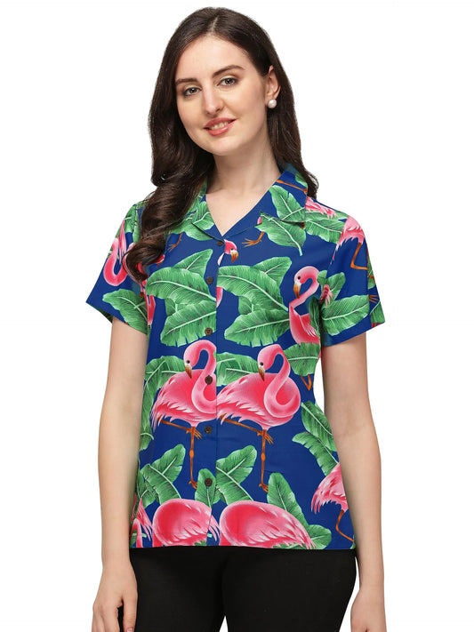 Hawaiian Shirts 52W Women Big Flamingo Print Aloha Beach Shirt/Blouse (Color: Blue |Size: L)