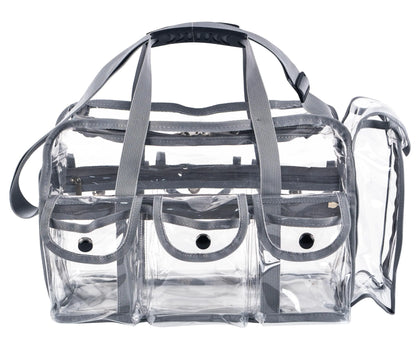 Wide Mouth Large Professional Clear PVC Travel Makeup Artist Set Bag Cosmetic Nails Beauty Bag Transparent Vinyl Tool Organizer Work Bag Beach Bag Diaper Bag with 6 External Pockets & Strap (Grey)