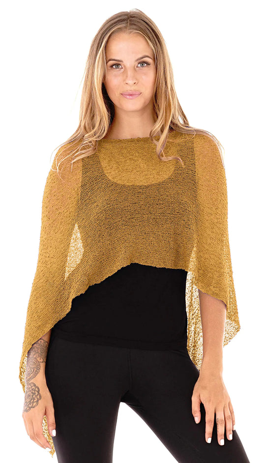 SHU-SHI Womens Sheer Poncho Casual Summer Shrug Bolero Lightweight Knit Gold