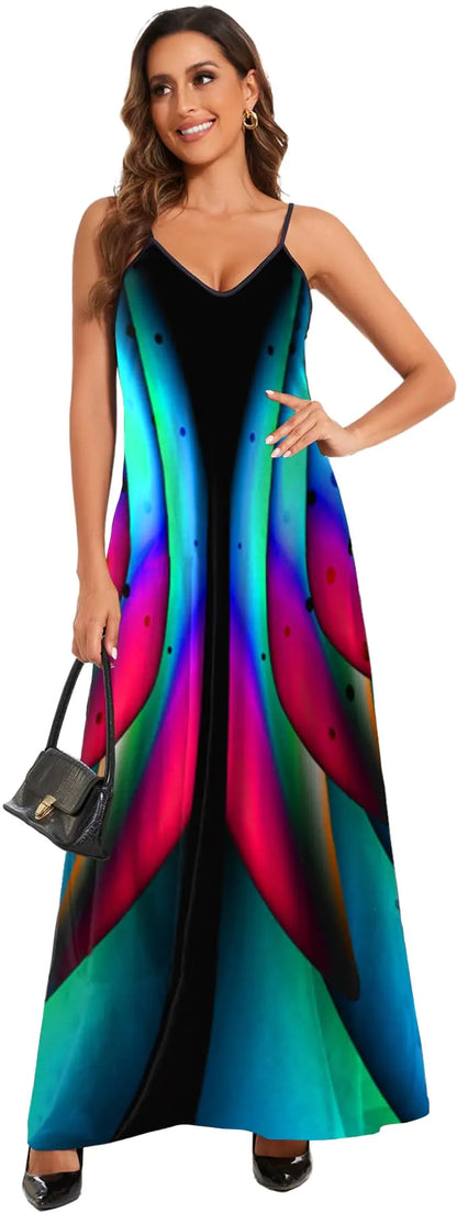 ZonJie Summer Maxi Dresses for Wome Plus Size Loose Sundress Printed Adjustable Summer Dress with Pockets