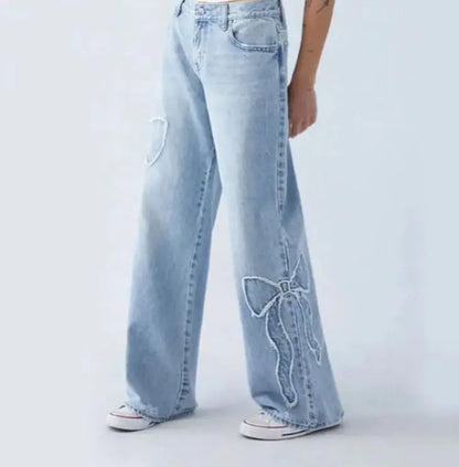 Women's Straight Trousers Embroidered Side Frayed Butterfly Jeans Street Design Hot Girl Baggy Pants