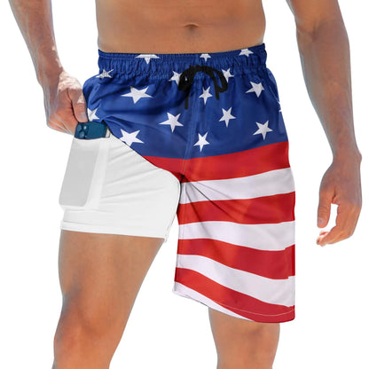 ALISISTER Men Swim Trunks Compression Liner American Fourth of July Board Shorts Independence Day Boardshorts Swimsuits USA Flag Swimwear