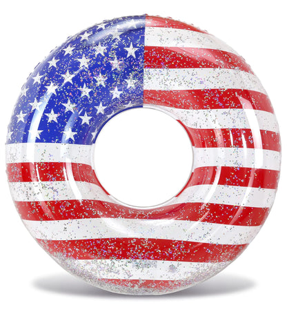 POZA Inflatable USA Flag Giant Pool Float Tube - Sparkle Silver Stars Confetti Filled Luxurious Fun Lounger Cool USA Flag Design Water Swimming Ring Pool Floaties for Beach Lake Pool 48 Inch