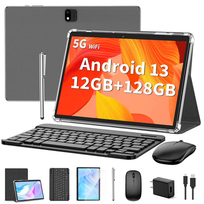 Android Tablet with Keyboard Android 13 Tablet 12(6+6)GB+128GB 1TB Expand 2 in 1 Tablet 10 inch Tablet with Case Mouse Stylus 8000mAh Battery 2.4G/5G WiFi GPS Certified Tablet PC Black
