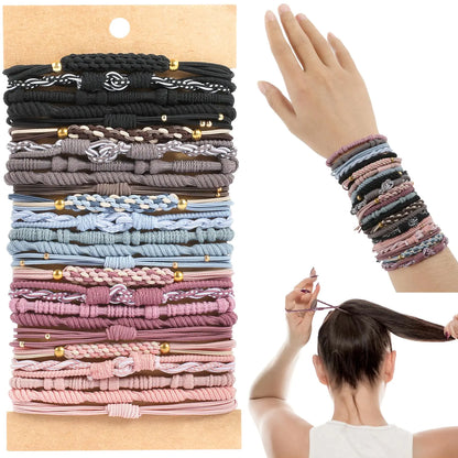 Hair Accessories, 25 PCS of 5 Styles Boho Hair Tie Bracelets with Beads - Cute Elastic Bands for Thick or Thin Hair, No Damage, Pink for Girls and Women D-BOHO