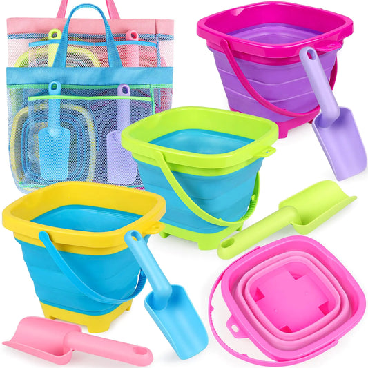 Gr8Dealz.store TSDATOWR Collapsible Beach Buckets for Kids Foldable Sand Buckets and Shovels with Mesh Beach Bag Silicone Beach Sand Pails For...