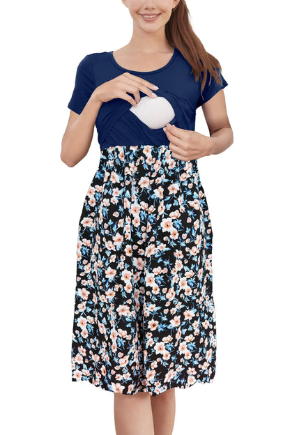PARNIXS Womens Nursing Dress Summer Short Sleeve Patchwork Pregnancy Clothes with PocketsSmall