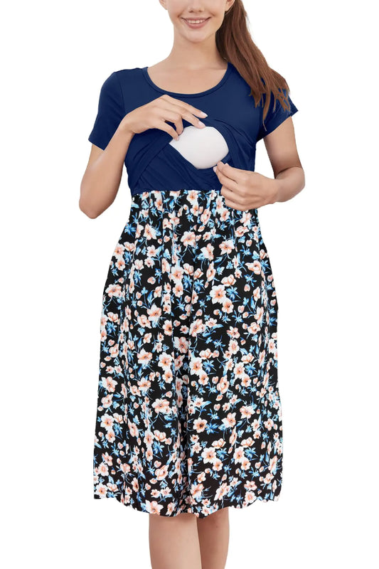 PARNIXS Womens Nursing Dress Summer Short Sleeve Patchwork Pregnancy Clothes with PocketsSmall