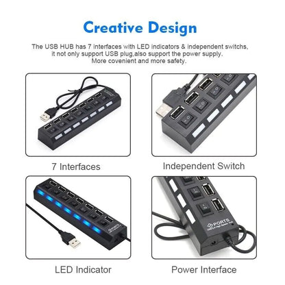 7 Port USB 2.0 / 3.0 Hub Splitter Adapter High Speed For PC Laptop Mac Desktop